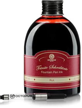 Octopus Fluids Klassik Füllhaltertinte Rot - Set mit 250 ml Nachfüllflasche & Tinten-Konverter, hochwertige Schreibtinte für Füllhalter und Schreibfedern | Mit Tinten-Konverter für Füllhalter mit Standardpatronensystem, farbintensive Schreibtinte mit schönem Shading