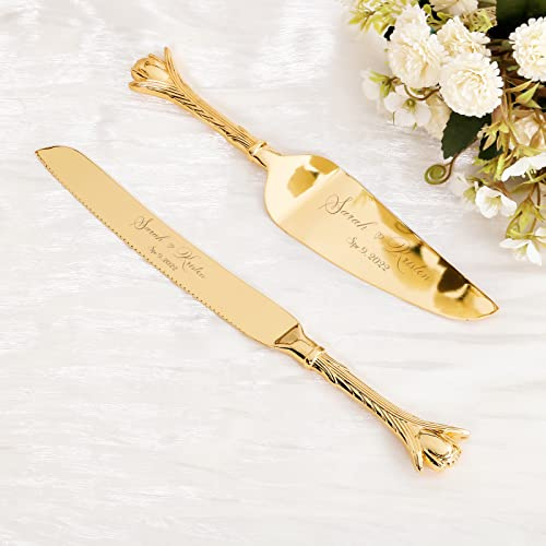 TUKDAK Set di Coltelli e Server per Torte Nuziali in Dorati, Personalizzata Paletta Torta Cake Server Set, Taglio per Torte, Taglia Torta Paletta Tagliatorta, Matrimoni, Compleanni (Romanticismo)