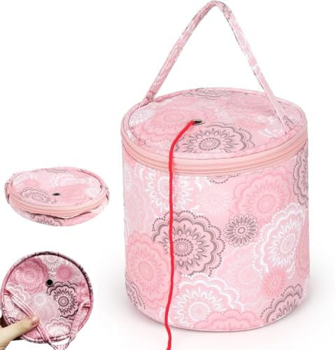 Small Yarn Crochet Bag - Mini Portable Storage for Knitting Projects on the Go, Round Pink Travel Case