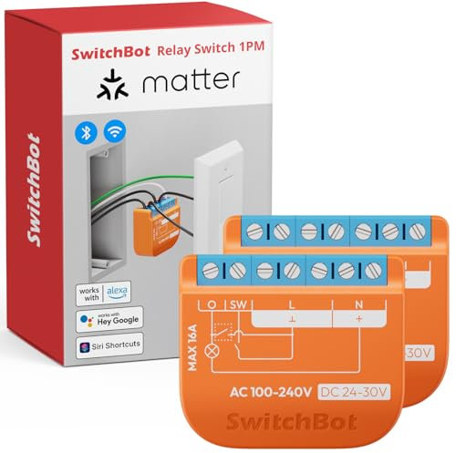 SwitchBot Smart Relay Switch 1PM, Power Metering Smart Relay Module with Built-in Hub, Wi-Fi&Bluetooth Switch Works with Alexa/Apple Homekit/Google Home/Hub Required, 2.4GHz,Home Automation,16A, 2pcs