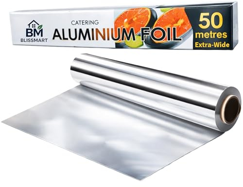 BlissMart Aluminium Foil Roll 45cm x 50m – Extra Wide, Non-Stick Premium Quality Catering Foil for Baking, Cooking & Food Wrapping – Strong Kitchen Foil Roll with Built-in Cutter