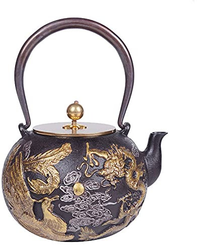 Tetera de hierro fundido, Tetera de estufa, Tetera de hierro fundido de 1400 ml, Tetsubin Stovetop Tetera de té hecha a mano Juego de té radicional con patrón de cuentas de juego de dragón y fénix