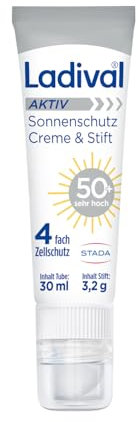 Ladival Aktiv Sonnenschutz Creme und Stift LSF 50+ - Sonnencreme für Gesicht und Lippen, praktische Kombipackung, optimal für Reisen, für normale und empfindliche Haut, wasserfest, 30ml und 3,2g