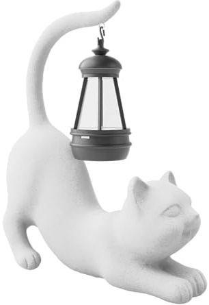 Myornas Statua di gatto in resina con lanterna solare, statua da giardino, decorazione per la casa, scultura ornamentale, statuetta animale per il giardino del balcone,compleanno (Bianco-3)