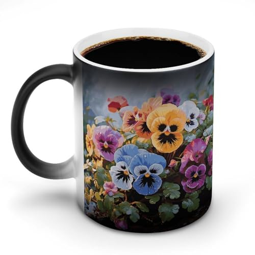 QSKDLAC Coffee Cups Ceramic Funny Pansy Flowers Heat Changing Color Mug Travel Tea Mug For Women Men Gift