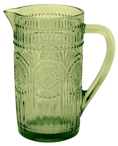 Boston International Vintage-Inspired Glass Pitcher with Embossed Floral Pattern, 4.5 x 7.75, Olive Green Codi
