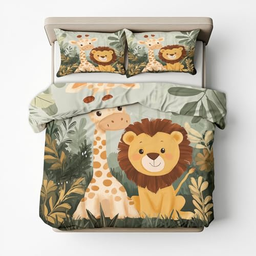 Funda Nordica Jungla Cama 90 Safari Infantil, Funda Edredon 150x200 y 2 Fundas de Almohada 50x75, Juego de Ropa de Cama de 3 Piezas Microfibra Suave con Cremallera DSaH03