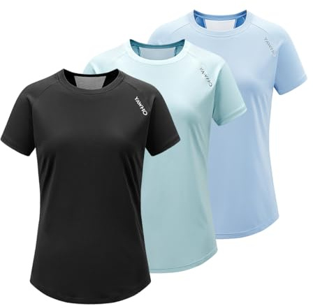 Lot de 3 t-shirts de sport pour femme - T-shirt fonctionnel - T-shirt de course à pied - T-shirt de fitness - T-shirt à manches courtes - Col rond - Respirant - Séchage rapide - Pour la course à pied