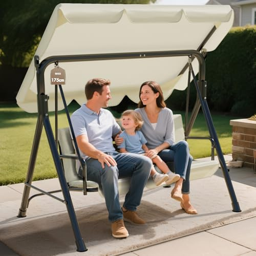 Soontrans 3-Sitzer Hollywoodschaukel, Familienzeit mit Leichtigkeit, Gartenschaukel mit Sonnendach & Gestell & Gepolsterte Sitzauflage, Belastbar bis 200 kg, aus Stahl (175 x 110 x 152 cm, Beige)