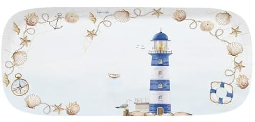 Easy Life Vassoio Ovale 40x18 cm – Linea Blue Lighthouse – Porcellana Decorata Stile Nautico – Per Antipasti, Pesce, Decorazione Tavola