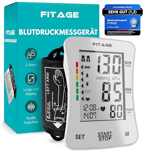 FITAGE Blodtrycksmätare Digital blodtrycksmätare för arm och pulsmätare med minnesfunktion manschettreringskontroll för 22-42 cm armomkrets, arytmidetektering