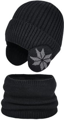 BOYSSPAA Juego de 2 gorros de punto de invierno para niños con orejeras, protector de cuello para niñas de 2 a 10 años de edad, gorro térmico de lana para invierno, conjunto de gorro térmico para
