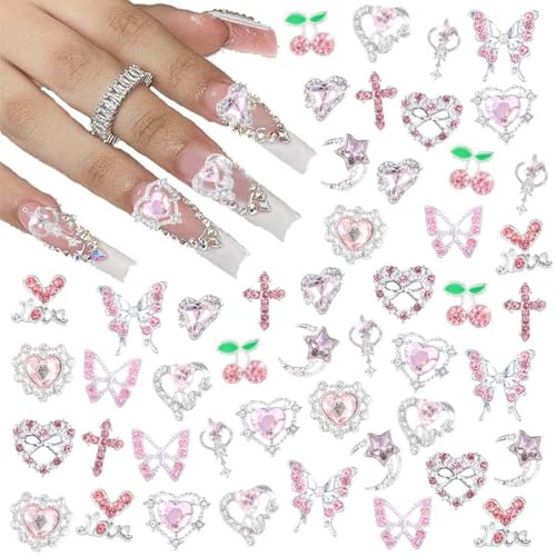 ZORVYN 24 Pièces Bijoux Ongles, Charms Y2K en Alliage, Nail Art, Strass Ongles, Cœur, Étoile, Nœud avec Strass, Gemmes Cerise, Décorations Ongles Brillantes (Rose)
