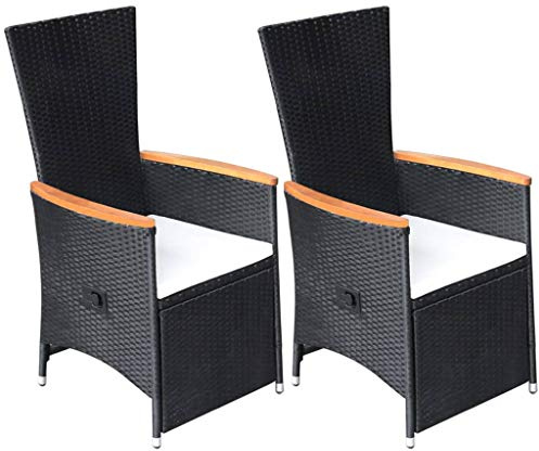 QJBSAVVA Garten-Liegestuhl Schwarz 2er Set mit Cremeweißen Kissen PE-Rattan & Akazienholz Armlehnen Verstellbare Rückenlehne und Fußstütze Wetterfest für Terrasse Balkon und Garten