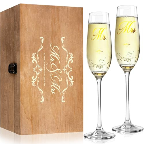 JUSTOTRY Tassen Mr und Mrs Hochzeit Set, Braut und Bräutigam Sektgläser Wedding für Bride to Be,Verlobung und Geschenk Hochzeit,Partner Geschenke Glass mit Holz Erinnerungsbox für Brautpaar