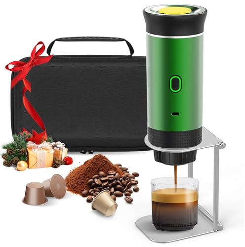 Umisu Macchina da Caffè Portatile, 3 in 1 Caffettiera Espresso con Supporto e Sacchetto, Batteria Ricaricabile 7500mAh, Compatibile con Capsule e Caffè Macinato, Per Viaggio, Campeggio, Auto, Ufficio