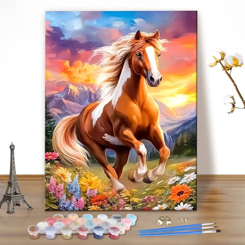 MEIYUDA Malen Nach Zahlen Erwachsene Tier, DIY Set Erwachsene Pferde Bastelset, Malen Nach Zahlen DIY Handgemalt öLgemäLde Kit Als Geschenk und Home Haus Deko 40x50cm(Ohne Rahmen)