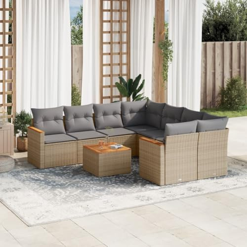 Ensemble de 9 meubles de jardin en polyrotin beige, table en bois d'acacia, résistant aux UV, groupe de sièges d'extérieur modulaire pour patio et balcon