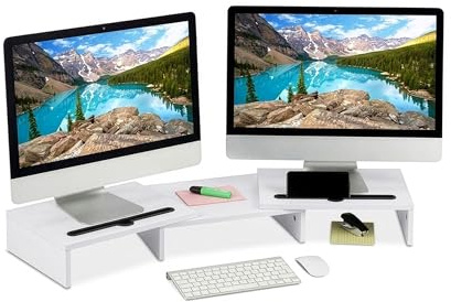 Relaxdays Monitorständer, 2 Monitore, ausziehbare Segmente, Breite 74-105 cm, ergonomische Bildschirmerhöhung, weiß