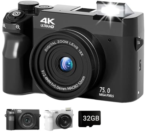 Appareil Photo Numérique Zoomix, 4k 75 Mpx, Zoom Numérique 18x, Compact, Écran 3 Pouces, Mise Au Point Intelligente, Double Capteur Avant et Arrière(Black-32gb#)