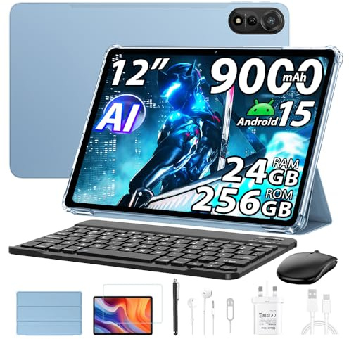 Blackview Mega 2 12 Zoll Tablet mit Tastatur und Maus, 24GB RAM+256GB ROM/2TB TF, 120Hz 2.4K FHD+ Gaming Tablet Gemini AI, 4G LTE+5G WiFi, 16MP+8MP, 9000mAh,PC Mode,OTG,FM,Hülle,Stift,Kopfhörer,Blau