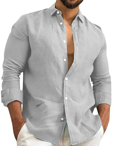 Camicia Uomo in Cotone e Lino a Maniche Lunghe - A Bottoni Solida con Colletto, Casual Tee, Top per Spiaggia(Grey, XXXL)