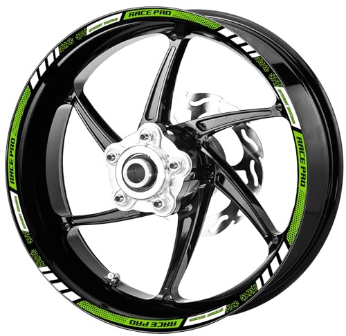 Decalart Kit 18 adesivi cerchi ruote Moto (4 adesivi per lato) RACE PRO Street Racing filetto strisce cerchione universali per ruote da 17 Pollici L267 (Verde, 17 Pollici)