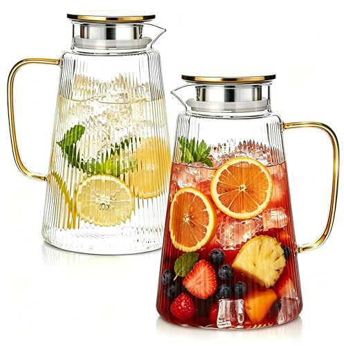2-Pack 71oz Ribbed Glass Pitchers with Yellow Handles – Heat-Resistant Carafes with Lids for Hot & Cold Drinks, Iced Tea, Juice, Coffee – Large Borosilicate Water Jugs for Kitchen & Tabletop