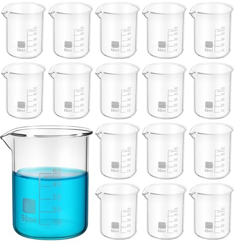 Healvian Vasos Medidores de Vidrio Transparente 50 Ml Pack de 20 sin Asa para Uso en Laboratorio y Pruebas Químicas Graduación Exacta