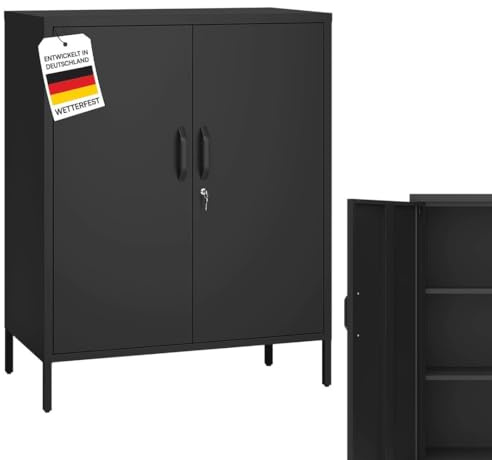 STEELSØN Menkent Outdoor Kommode aus Metall 100x80x45 cm – wetterfeste Outdoor Kommode mit Doppeltür & Schloss – Metallkommode mit 3 verstellbaren Fächern - Gartenkommode Balkon/Terrasse - schwarz