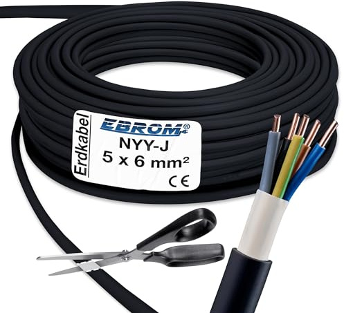 EBROM Erdkabel NYY-J 5x6 mm² Starkstromkabel Erdleitung schwarz - 7 m | 5m bis 150 m, Elektrokabel zur Verlegung im freien oder im Erdreich - VDE 0276, Teil 603, Nennspannung: 600/1000V, 5x6 mm2
