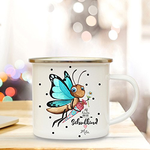 Emaille Becher Einschulung Camping Tasse Schmetterling mit Schultüte Spruch Schulkind & Name Wunschname Kaffeetasse Geschenk eb205