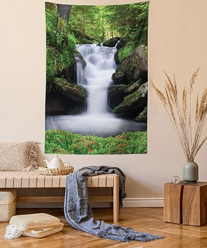 ABAKUHAUS Natur Wandteppich, Bäume Blumen Wasserfall aus Weiches Mikrofaser Stoff Waschbar ohne Verblassen Digitaldruck, 110 x 150 cm, Grün Weiß