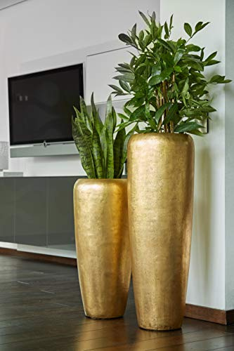 Pot de fleurs, élégant, en fibre de verre et métal, avec insert, pour l'intérieur, jardinière, vase, petit modèle : 75 cm, doré