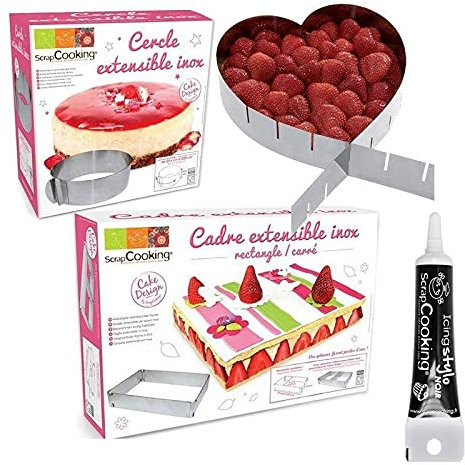 3 cadres pâtisserie extensibles coeur, cercle & rectangle + stylo glaçage noir