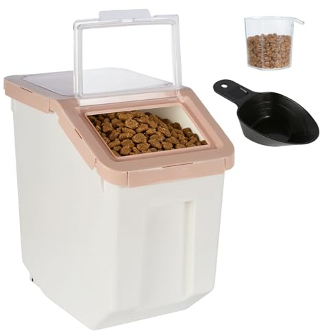 ANMOO Airtight Dog Food Storage Container 10KG, Pet Food Storage Bin, Pink | Plastic pet food container with wheels, locking lid and measuring cup, food bin for dog cat food, rice, flour kitchen storage