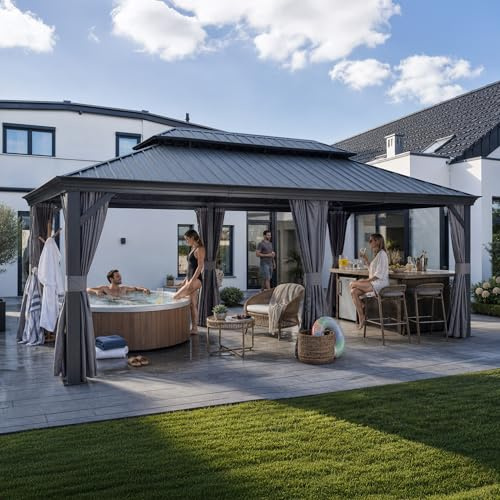 PURPLE LEAF Tonnelle de Jardin Exterieur 6 x 3,65 m Pergola Aluminium Gris | Rideaux 180 g/m² et moustiquaire 260 g/m², Gouttière intégrée, Double toit rigide, Sans entretien, Pour 8 à 10 personnes, Alu