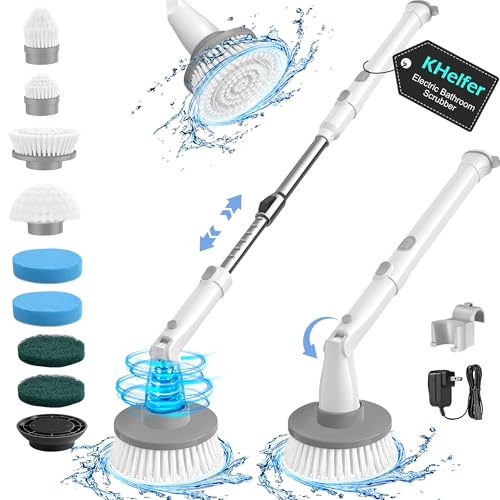 kHelfer Electric Spin Scrubber Kh8, Upgrade Cordless Shower Scrubber 8 Replacement Head, 1.5H Bathroom Scrubber Dual Speed, Shower Cleaning Brush with Extension Arm for Bathtub Tile Floor