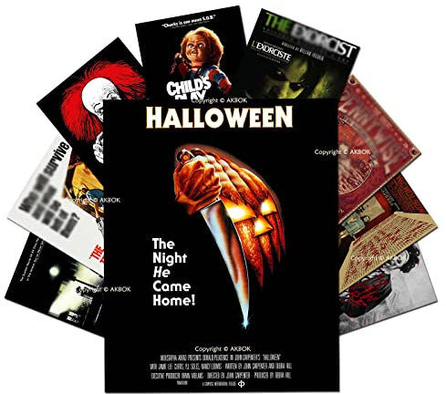AKBOK 9-Piece Vintage Horror Posters, Creepy Classic Scary Film Prints Wall Art, Monster Suspense Movie Set, Unframed for Home, Living Room, Bedroom, Man Cave, Theater Decor, 8 x 10 Inch