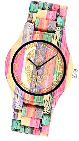 MicLee Herren Damen Einfach Holzuhr Cooler Gulu-Kopf Farbenfrohes Naturholz Zifferblatt Holz Analog Quarzwerk Armbanduhr Für Frauen Männer Geschenke