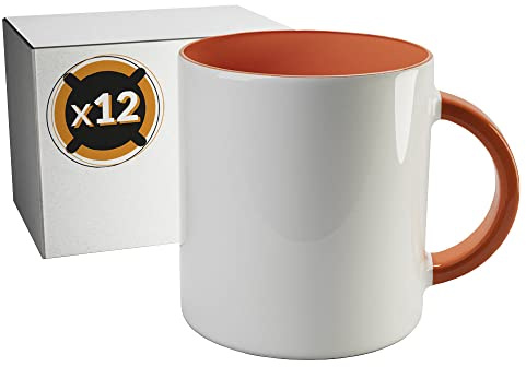 PixColor Lot de 12 tasses de sublimation en céramique blanche avec intérieur orange | Boîte individuelle | 350 ml (11 oz) | Catégorie AAA | Passe au micro-ondes et au lave-vaisselle | Cricut