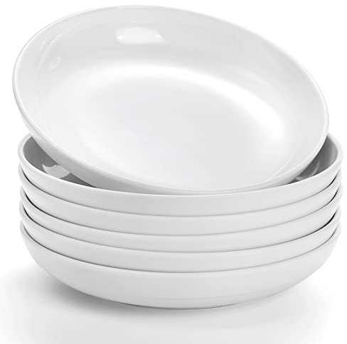 Fasmov Melamine Pasta Bowls, 6 Pack 8 inches 20 Oz Large Salad Serving Bowls, Shallow Salad Bowls, Plastic Dinner Deep Plates, Dishwasher Safe, White