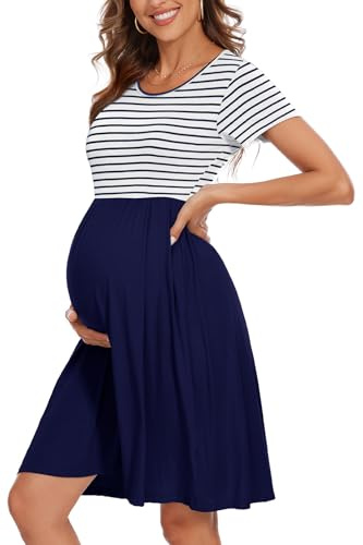 WOOXIO Women's Fashion Short Sleeve Maternity Dress with Pockets Patchwork Pregnancy Clothes