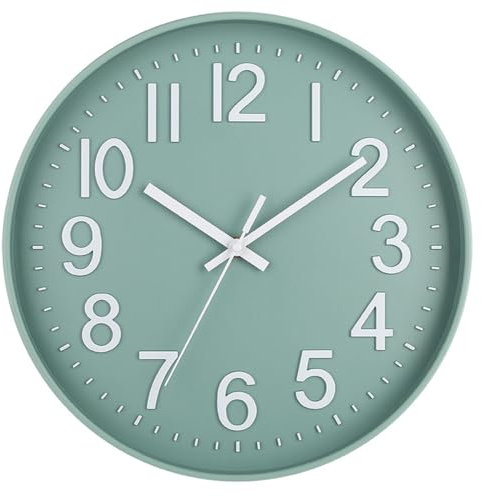 Horloge murale moderne silencieuse sans tic-tac - Fonctionne avec piles - Pour bureau, maison, salle de bain, cuisine, chambre, école, salon - Blanc (horloge verte et blanche)