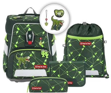 Step by Step Schulranzen-Set Space Shine Dino Night Tyro, 5-teilig, grün, Dinosaurier-Design, ergonomischer Tornister mit Reflektoren, höhenverstellbar mit Hüftgurt, ab der 1. bis 4. Klasse, 20l