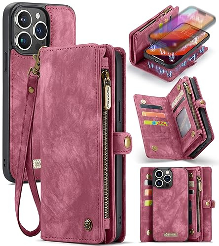 UFinetech für iPhone 15 Pro Max Hülle, Flip Leder TPU Stoßfeste Kartenfach Tasche Handyhülle für iPhone 15 Pro Max, Magnetisch Kratzfest Abnehmbare Reißverschluss mit Band Schutzhülle Cover, Rot