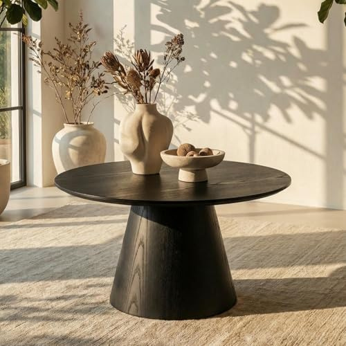 Furnhouse Tango Couchtisch Rund Ø60 cm | Eichenfurnier Schwarz | FSC®-Zertifiziert Mittelfuß – Skandinavisches Design für Wohnzimmer