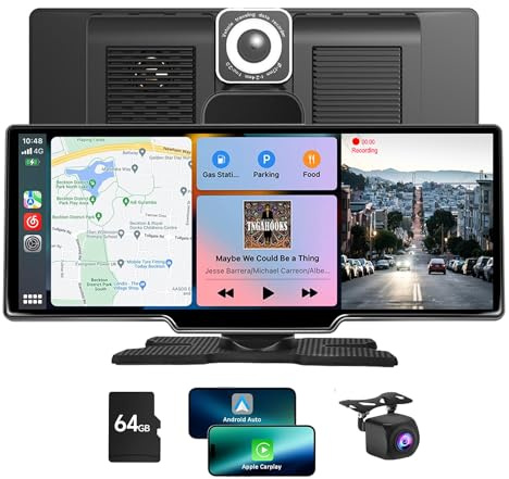 NEWFUN 2024 10,26-Zoll Wireless Carplay Android Auto Portable mit 4K Dashcam In-Car Front Rückfahrkamera, 1080P Rückfahrkamera, Mirror Link, GPS/Siri, FM/AUX, 64G SD Karte