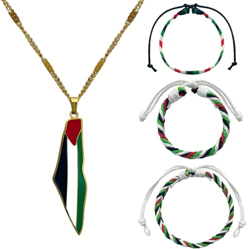 Meanju Palästina Kette + Palästina Fahne Armband,Palästina-Flaggen-Armbänder Anhänger Halskette, kostenlose Palästina-Silikonarmbänder,Solidaritätsarmbänder für Damen und Herren