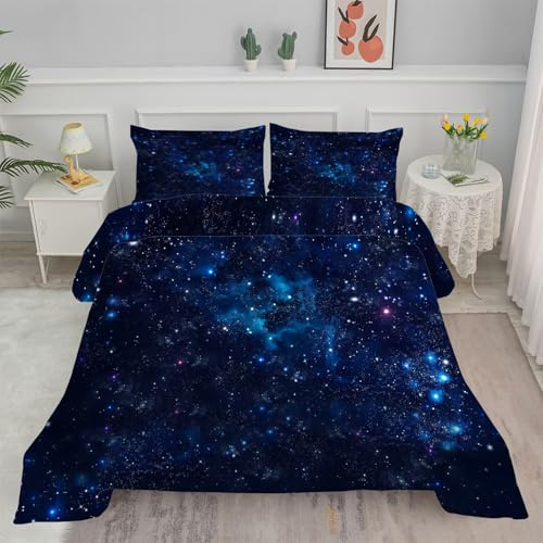 Bettdecke 200x200cm, Blauer Sternenhimmel 4 Jahreszeiten Bettdecke 200x200, Astronomie-Hobby Steppdecke Ganzjahresdecke Bettdecken, Waschbar Gesteppte Duvet Schlafdecke mit 2 Kissenbezug 80x80cm